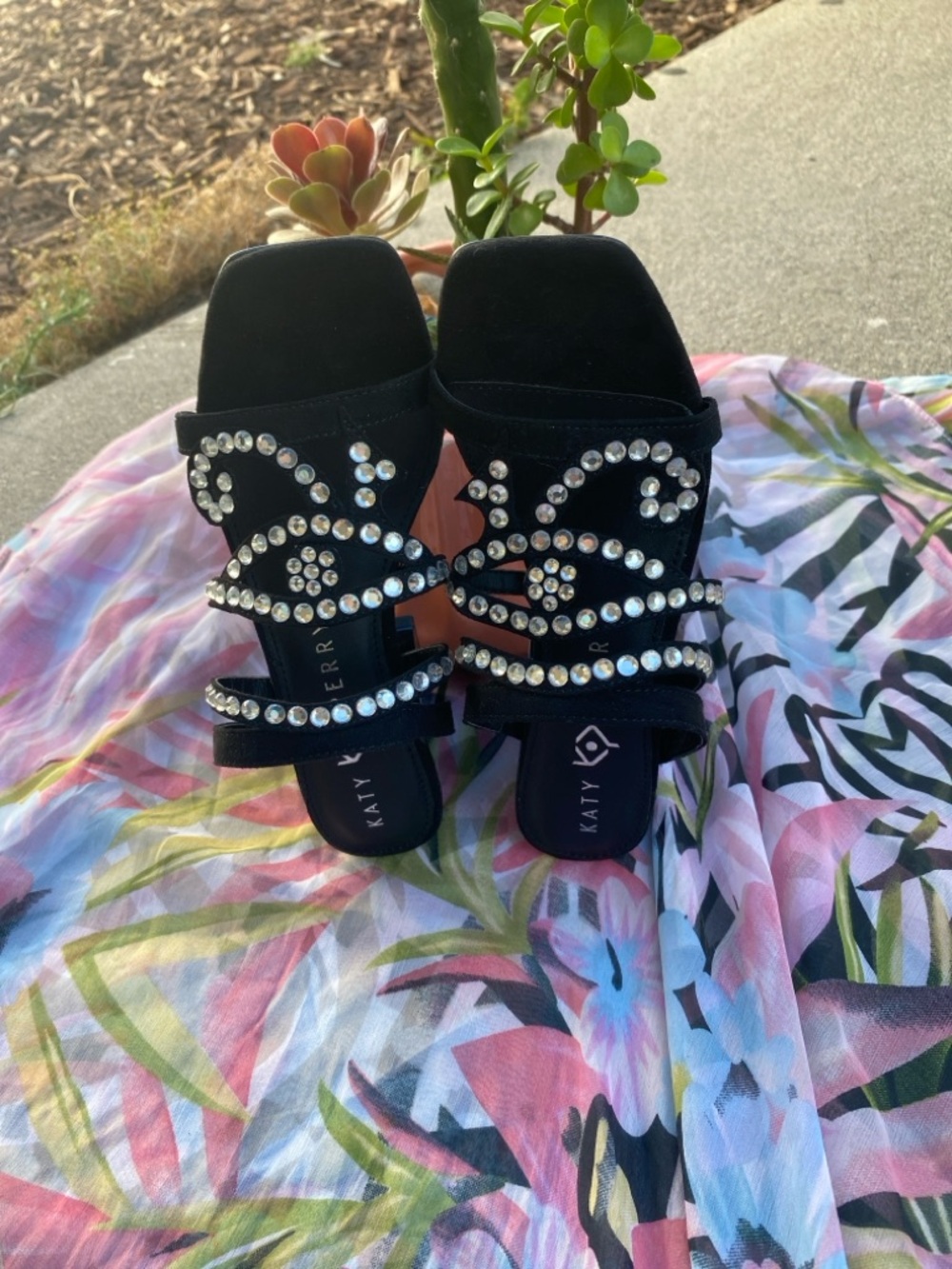 Katy Perry Collections Black Crystal-Embellished Slide Mules